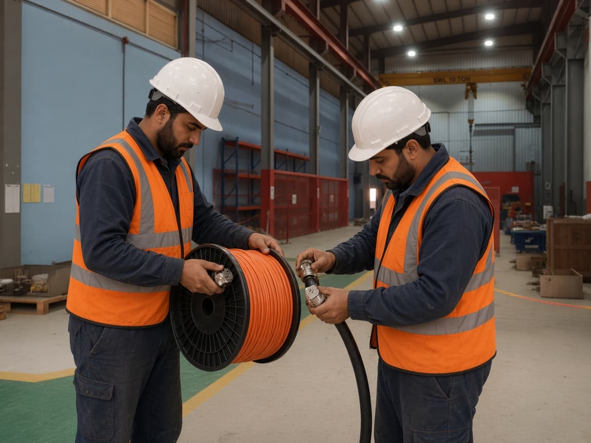 Workers showcasing electrical cables and accessories