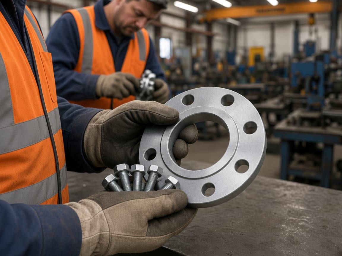 Workers showcasing pipes flanges and fittings